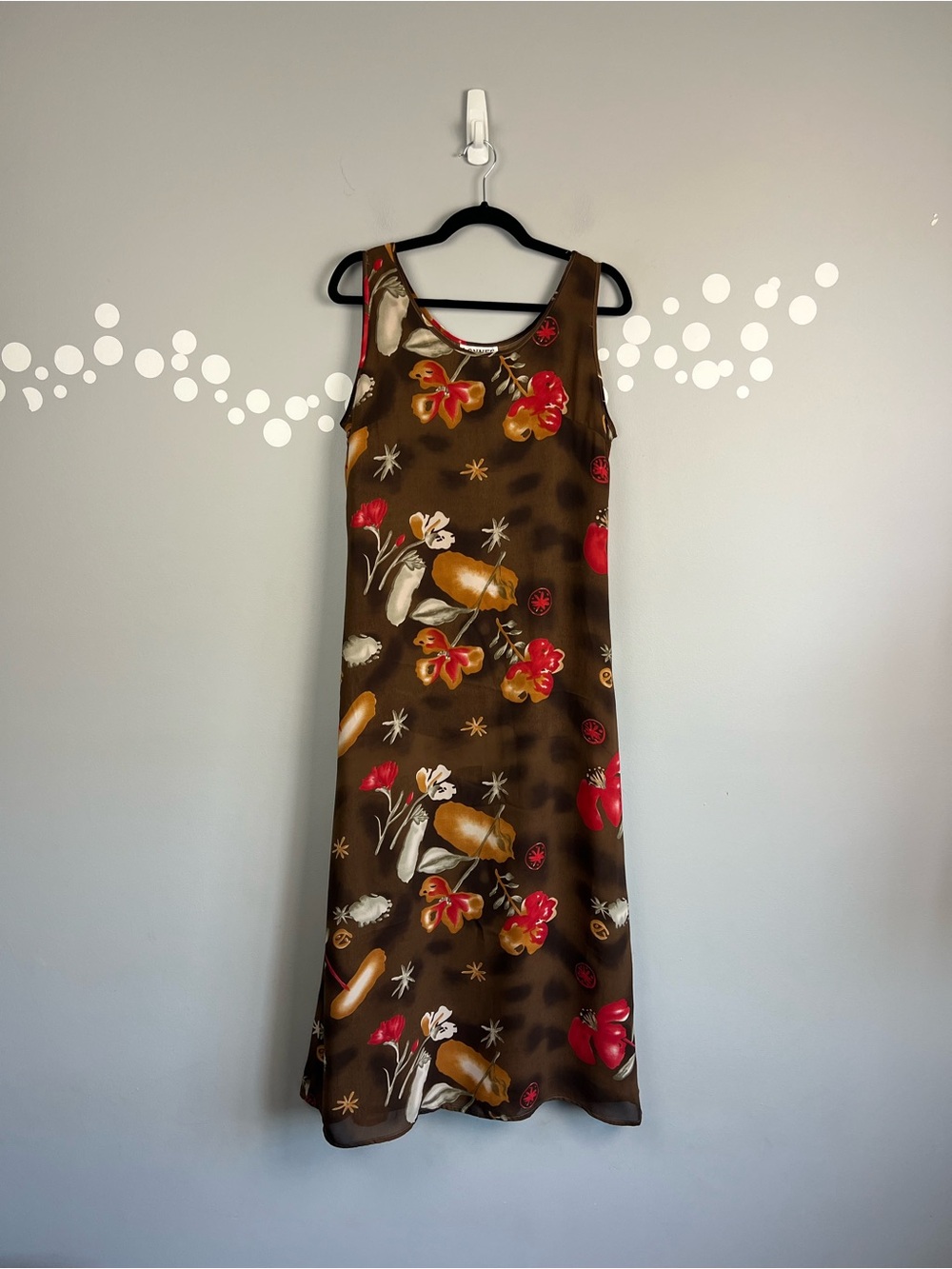 Lonnee Y2K Floral Maxi Dress Brown Sleeveless Tie Back Cottagecore Boho Size L